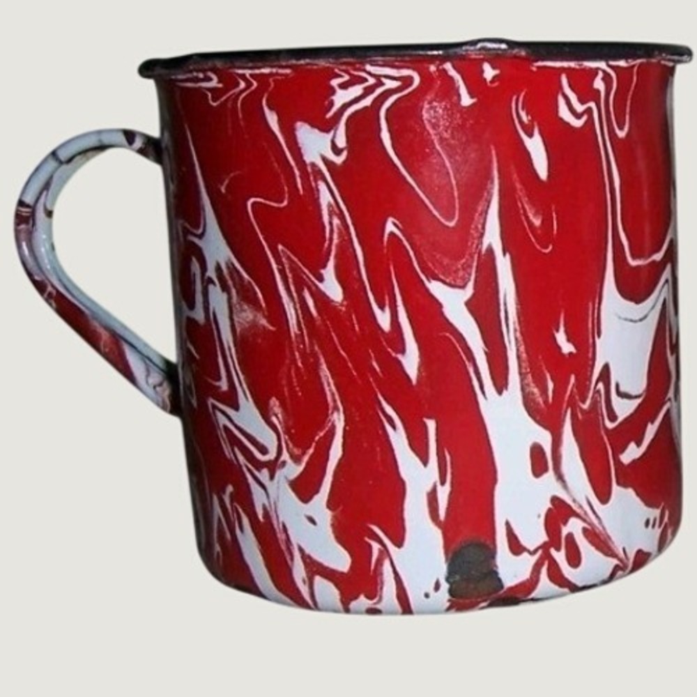Vintage Red and White Marbled Enamelware Mugs Set of 2 Splatterware Camping Cups - Picture 2 of 7